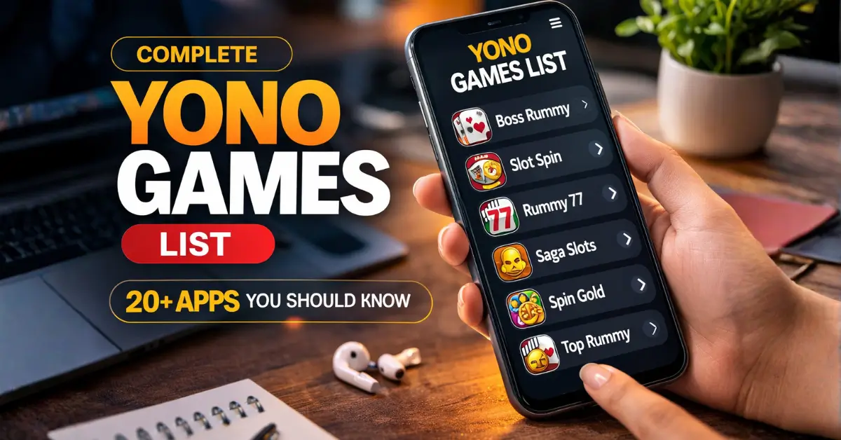 Smartphone screen showing a Yono games list with popular mobile apps like Boss Rummy and Slot Spin.
