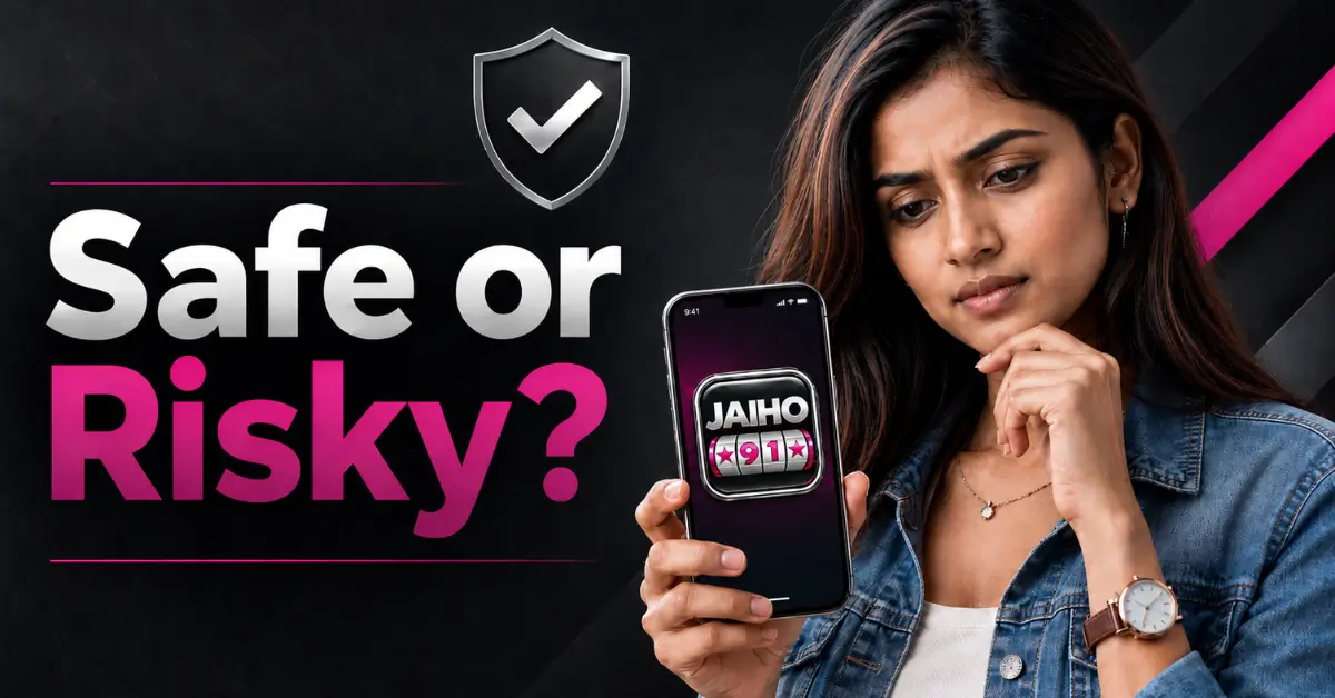 JaiHo 91 APK review visual showing an Indian woman checking the app on a phone for safety and risk clues
